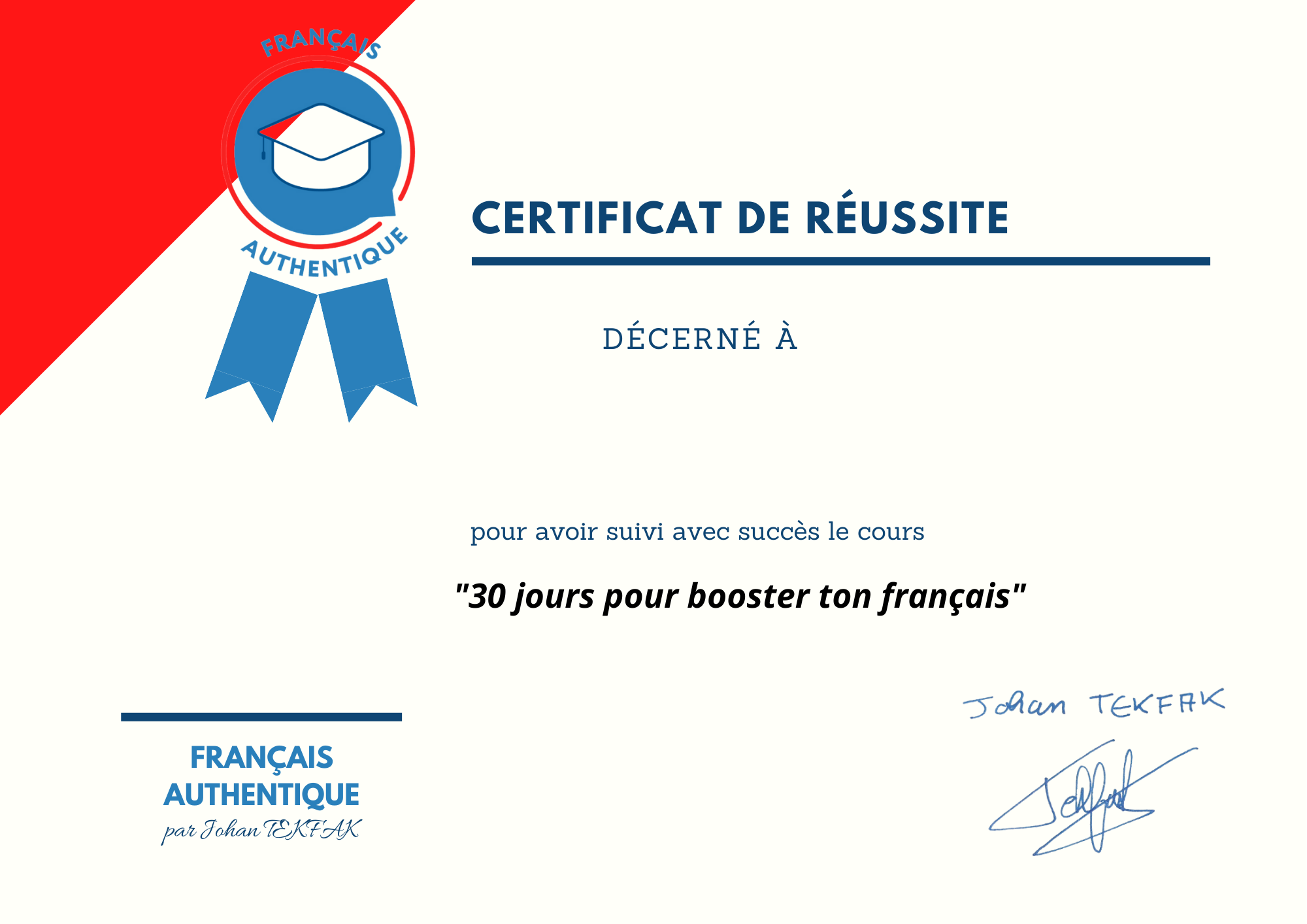 Certificat De Réussite 30 Jours - Français Authentique